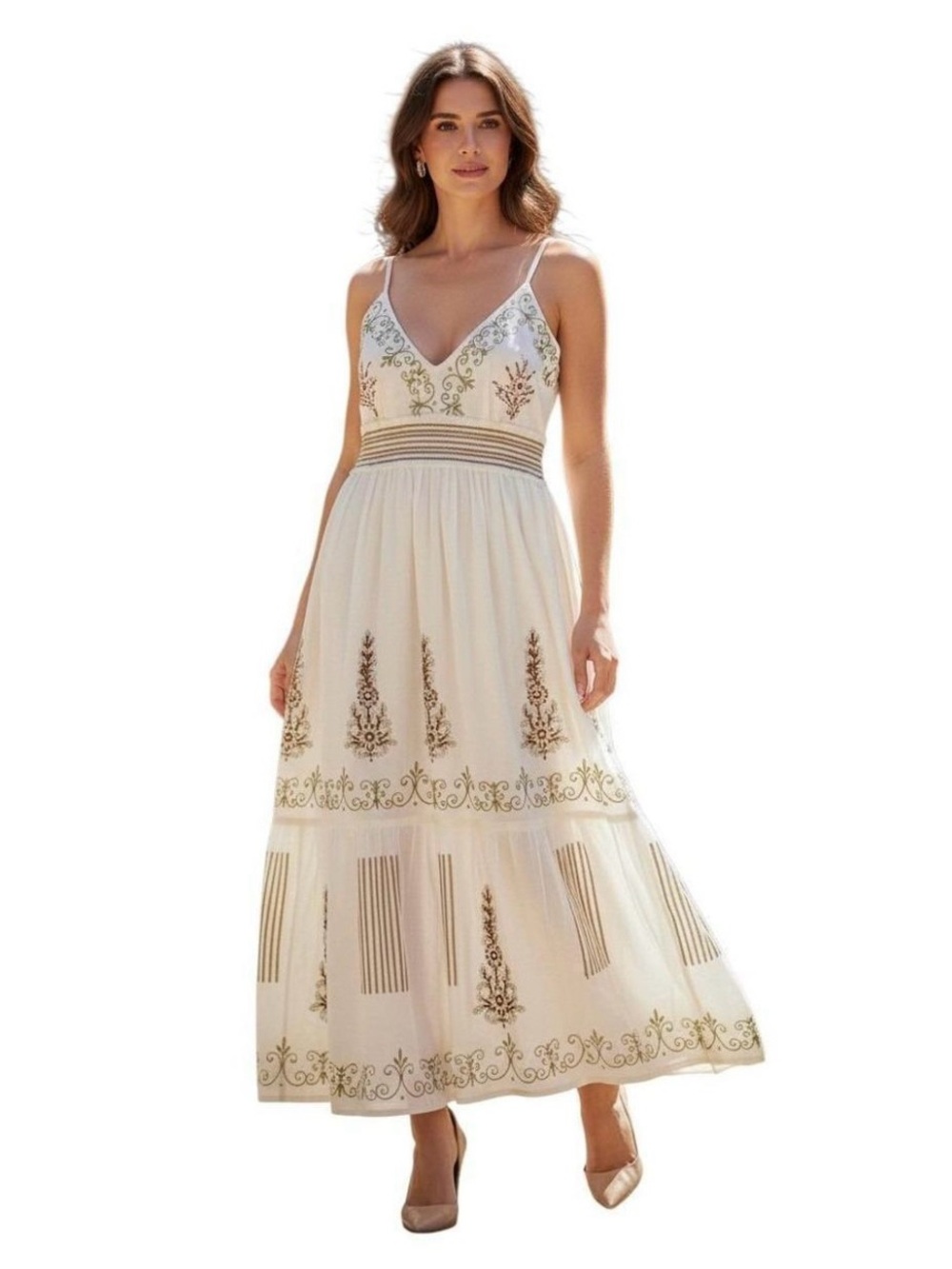 Pol Ivory Smocked Waistband Maxi Cami Dress Floral Pearls Size Small